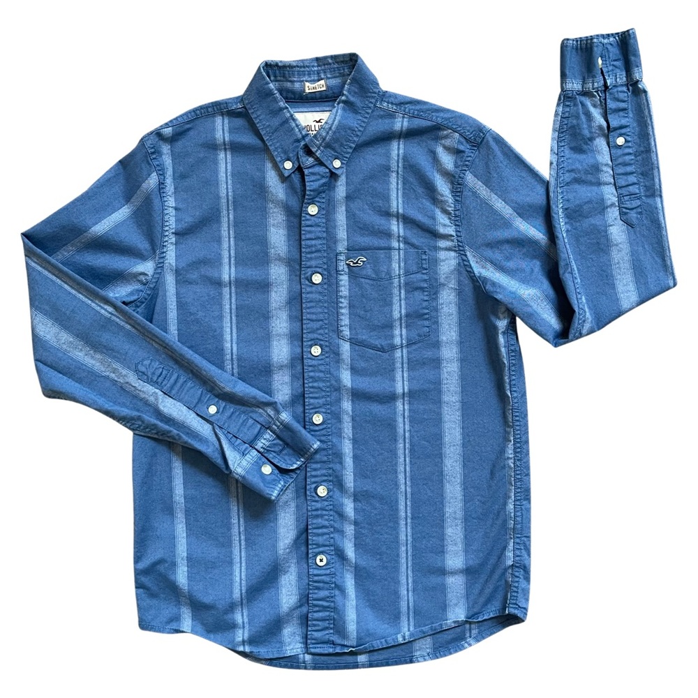 Hollister Guys Stretch Oxford Shirt, Blue Striped | S